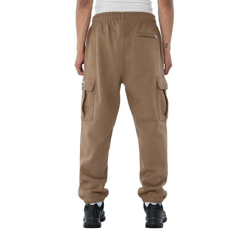 Men's tapered cargo fleece pants in hemp brown with cargo flap pockets and cuffed hem