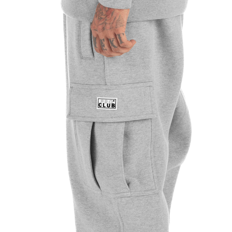 Heather grey fleece cargo pants, back patch pocket with CLUB label