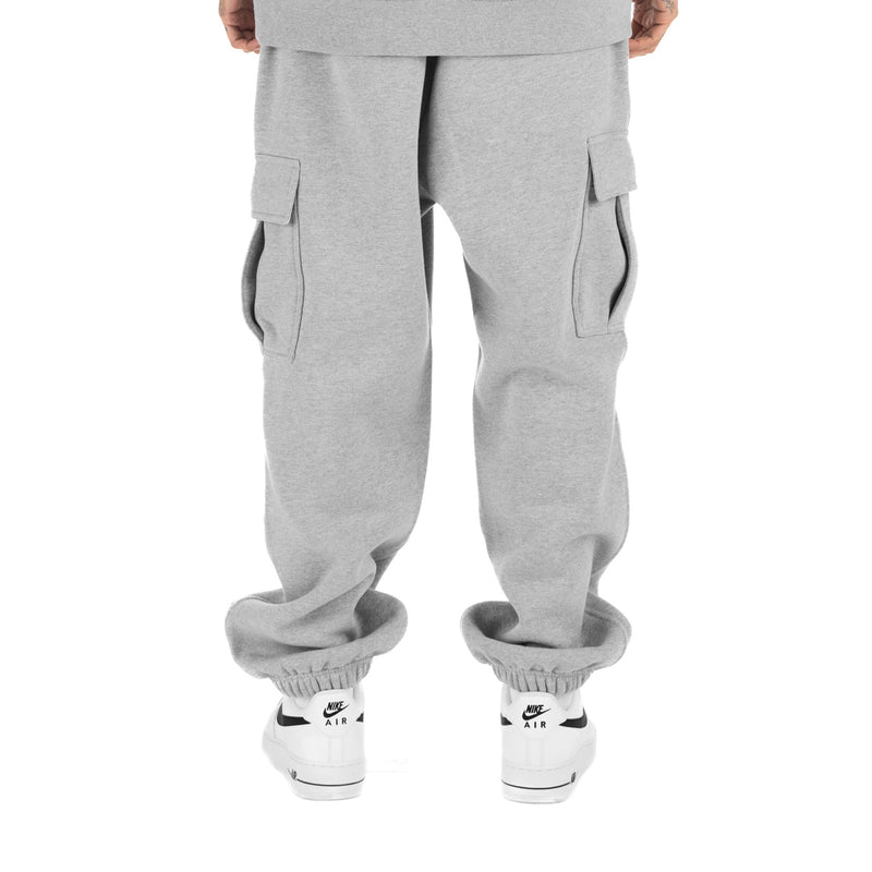 Heather grey fleece cargo pants, elastic cuffs at ankle and side cargo pockets