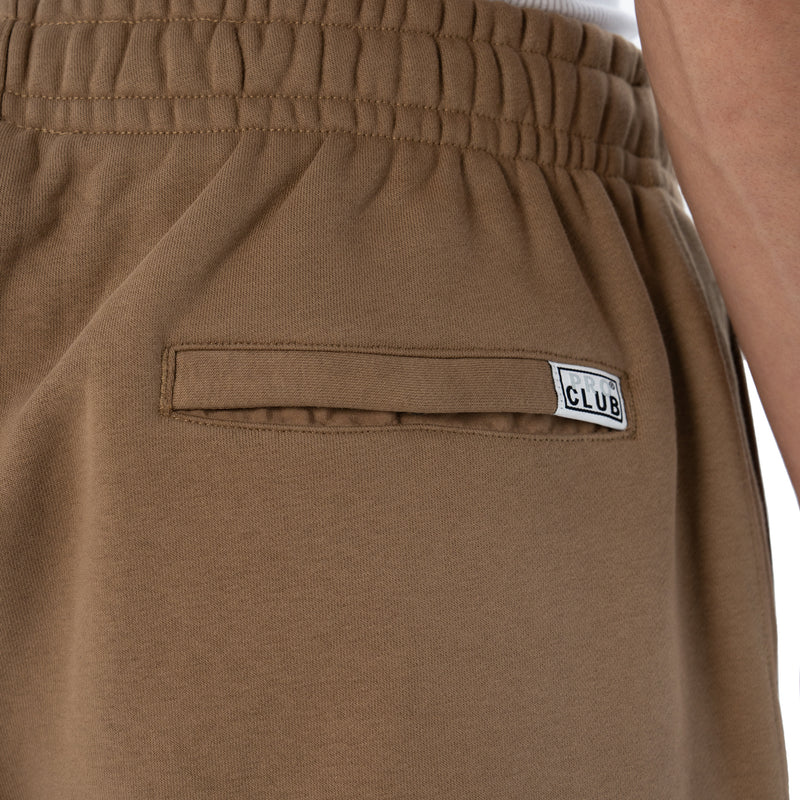 Men's hemp brown cargo fleece pants with elastic waistband texture and CLUB label patch