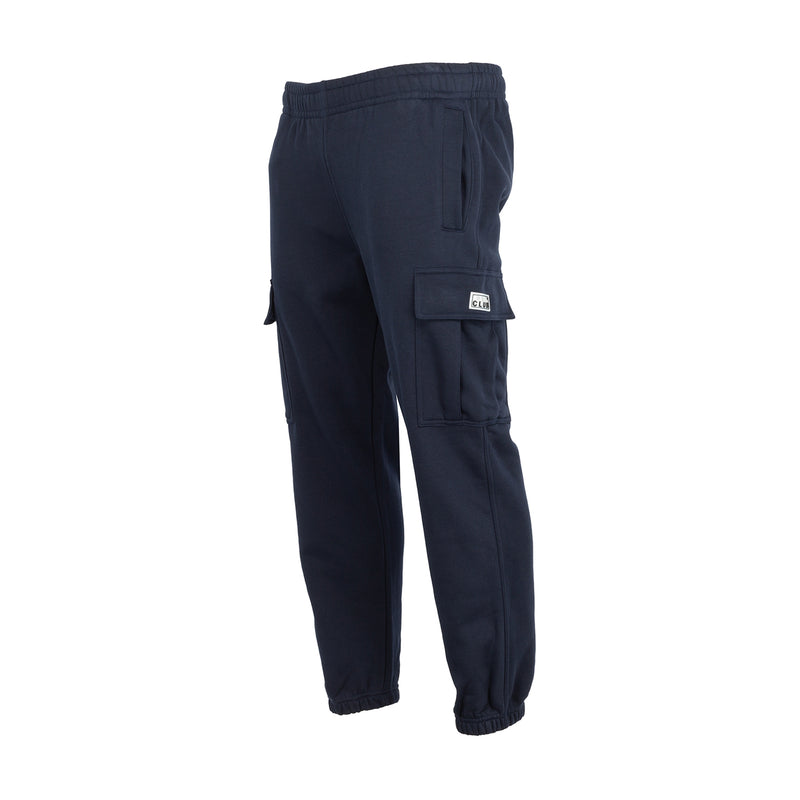 Men’s navy tapered cargo fleece pants with flap cargo pocket and elastic cuffs