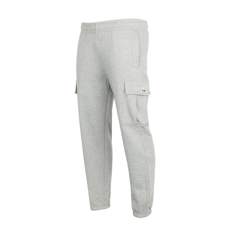 Heather grey fleece cargo pants, back view with cargo pocket flap