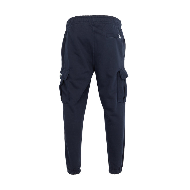 Men’s navy tapered cargo fleece pants with side cargo pockets and elastic waistband