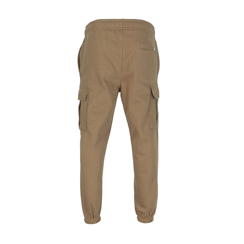 Men's tapered cargo fleece pants, hemp brown; rear view with cargo pockets and cuffed hem