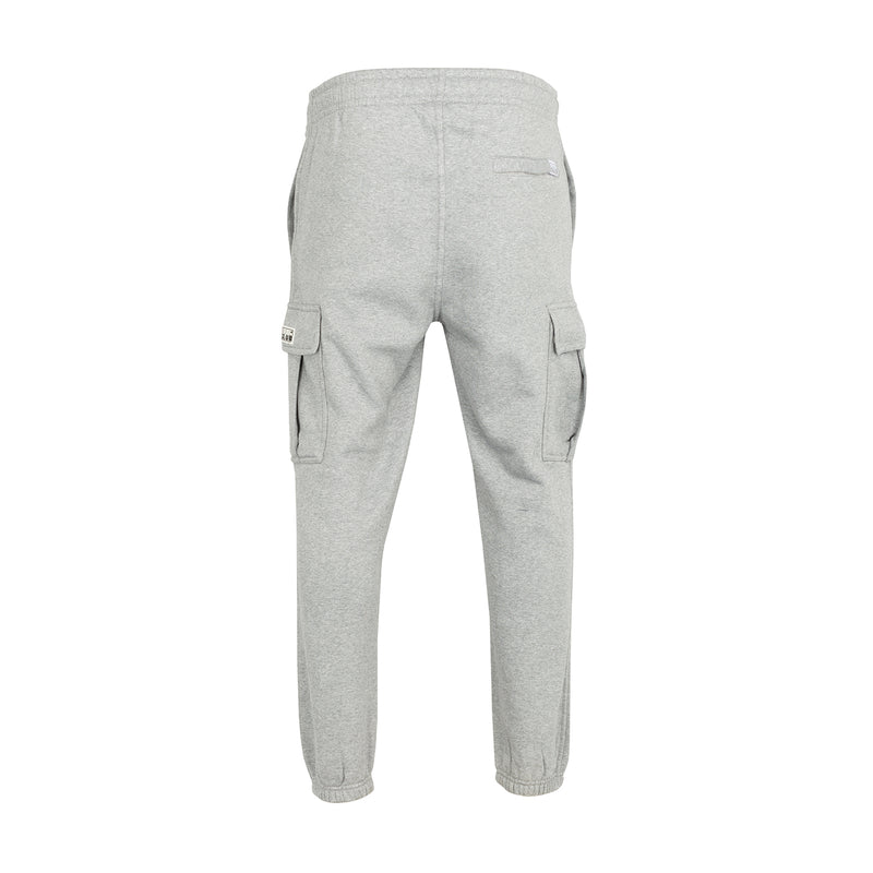 Heather grey fleece cargo pants, relaxed taper with side cargo pockets