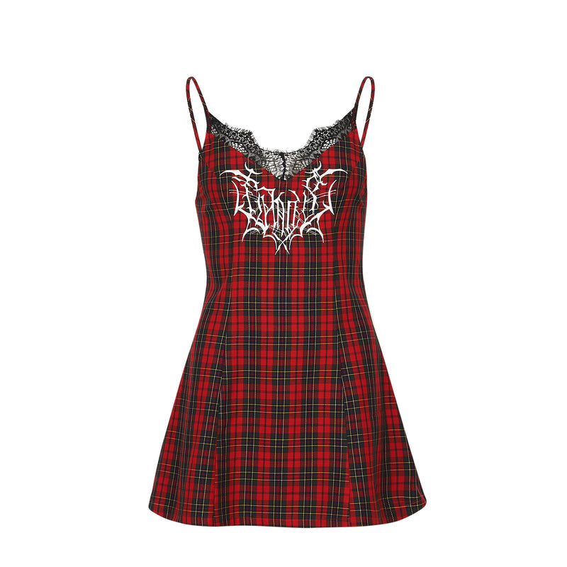Red and black plaid dress with lace details on a white background