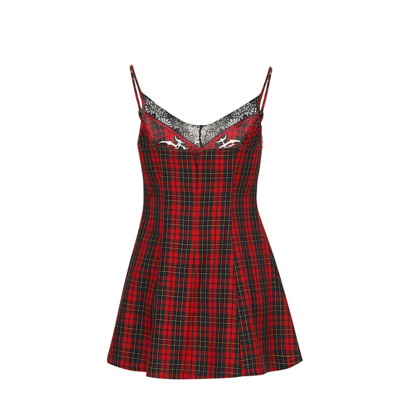 Red plaid dress with lace trim on a white background