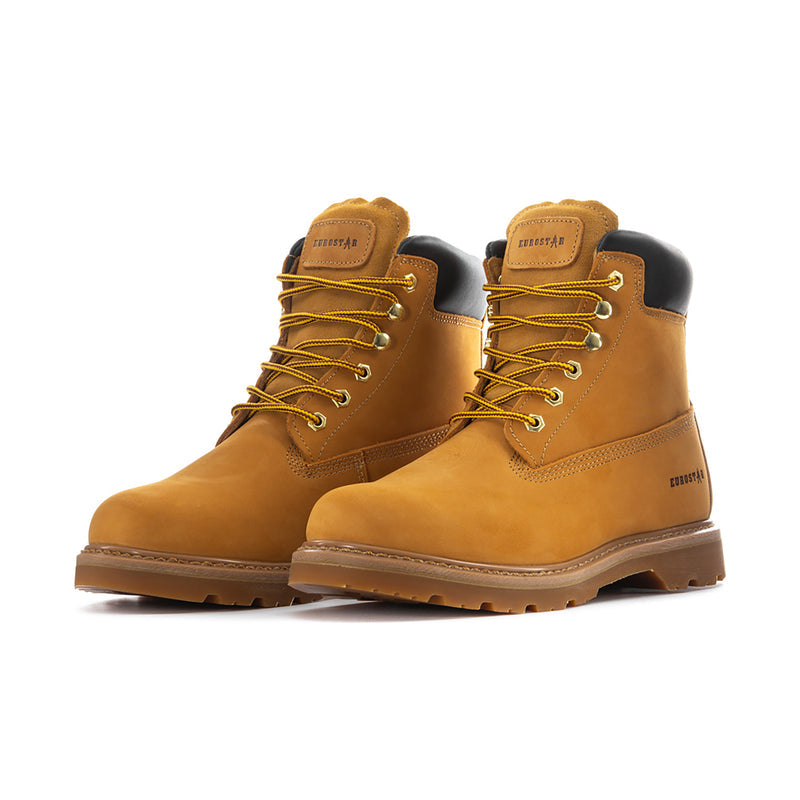 Men's wheat lace-up ankle boots, two-tone tan and black, yellow laces, padded tongue