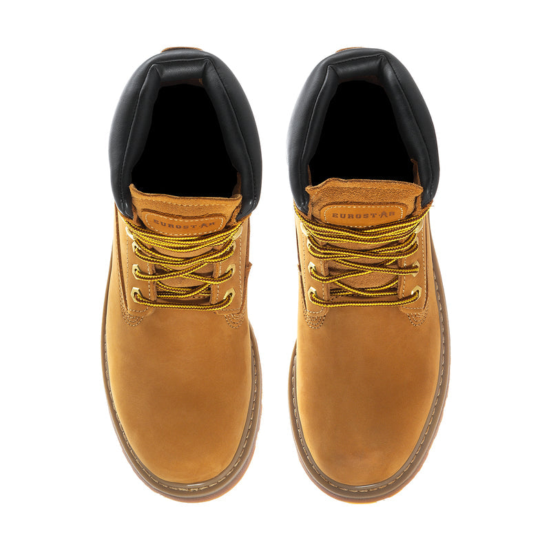 Men's wheat lace-up ankle boots, black interior lining, yellow laces, round toe