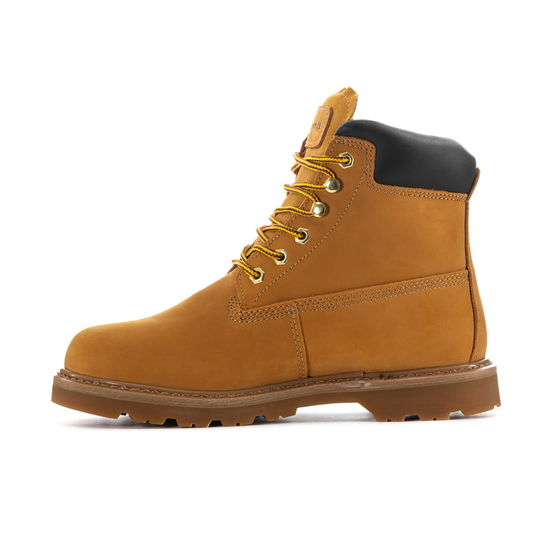 Men's wheat lace-up ankle boot, black top panel, yellow laces, durable lug sole