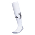 White soccer crew socks with black stripes and cushioned heel