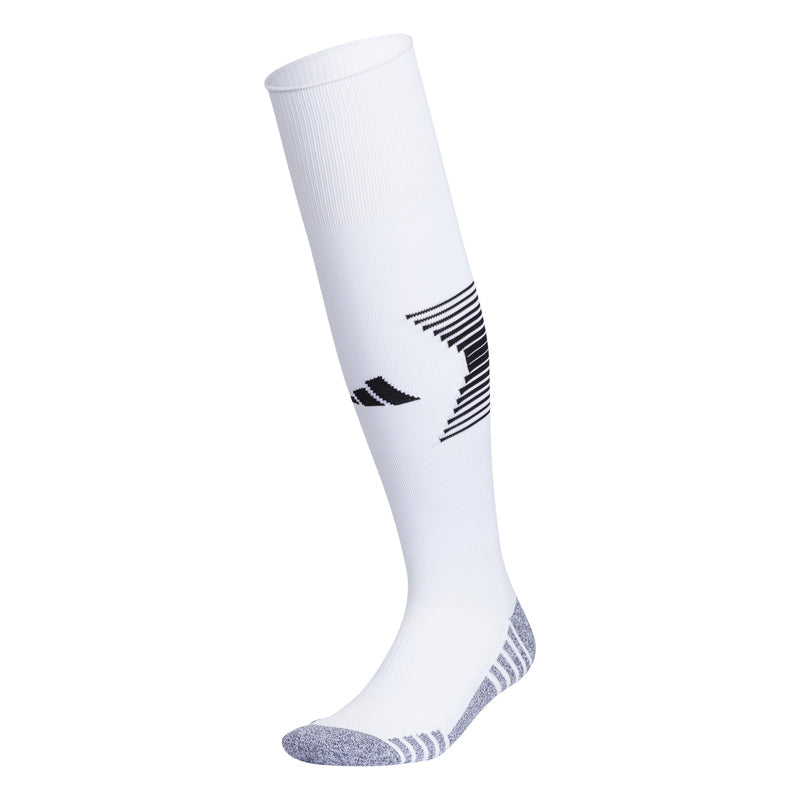 White soccer crew socks with black stripes and cushioned heel