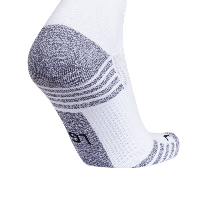 White soccer crew socks with gray sole padding and foot arch stripes