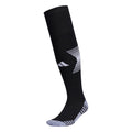 Black soccer crew socks with white striped arch and cushioned toe