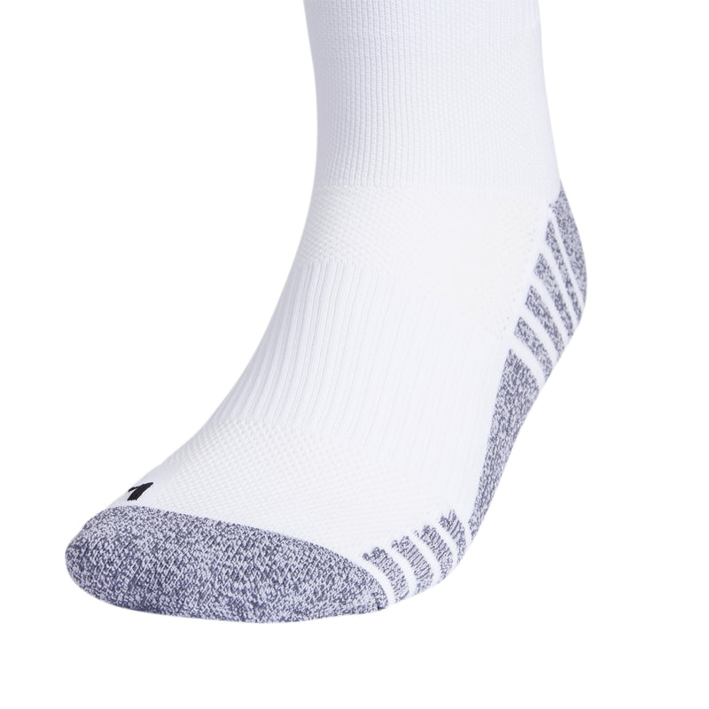 White soccer sock with black/gray heel cap, arch stripes, and cushioned toe