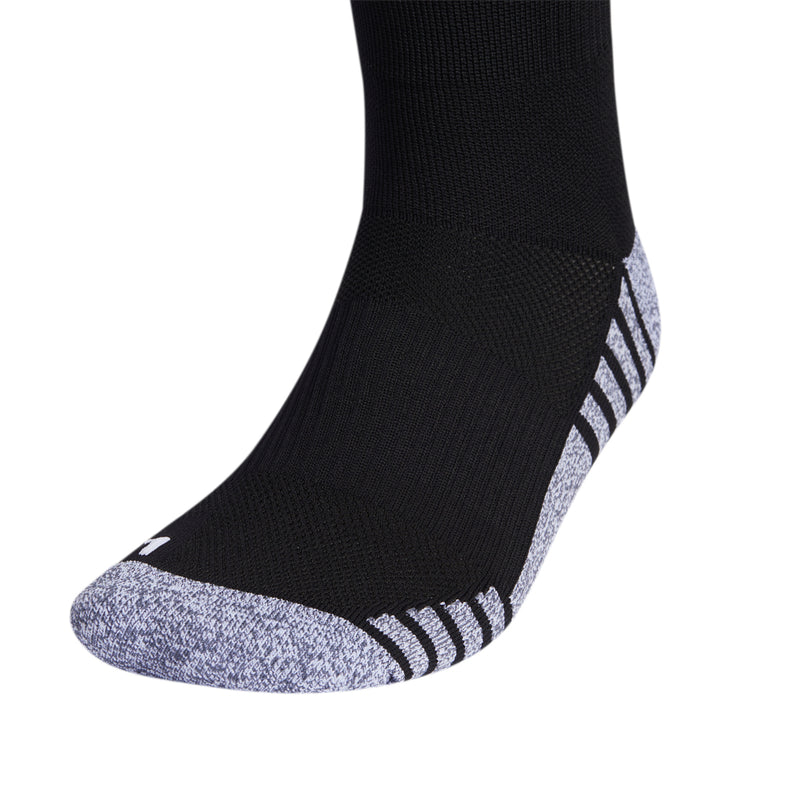 Black soccer crew socks with white heel stripes and heather gray toe