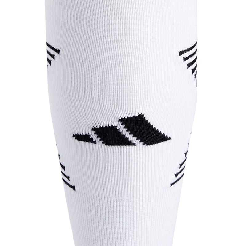 White soccer sock with black logo on shin and ribbed stripe accents