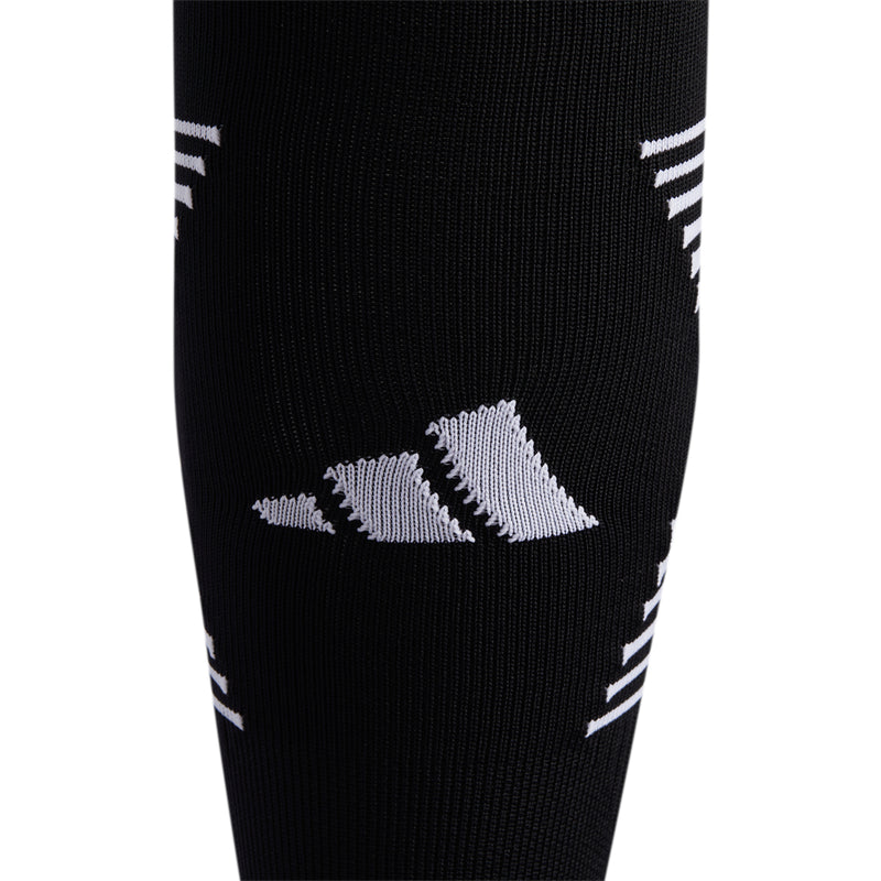 Black soccer crew socks with white logo and curved stripe details