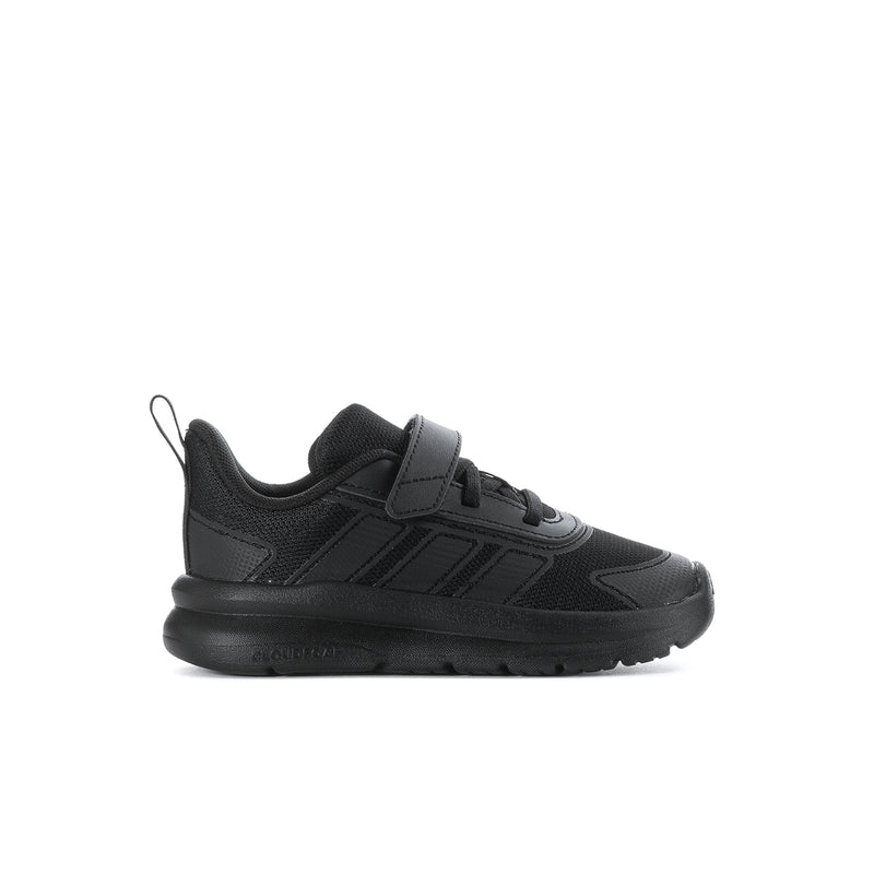 Toddler black running shoes with lace-up upper and adjustable strap