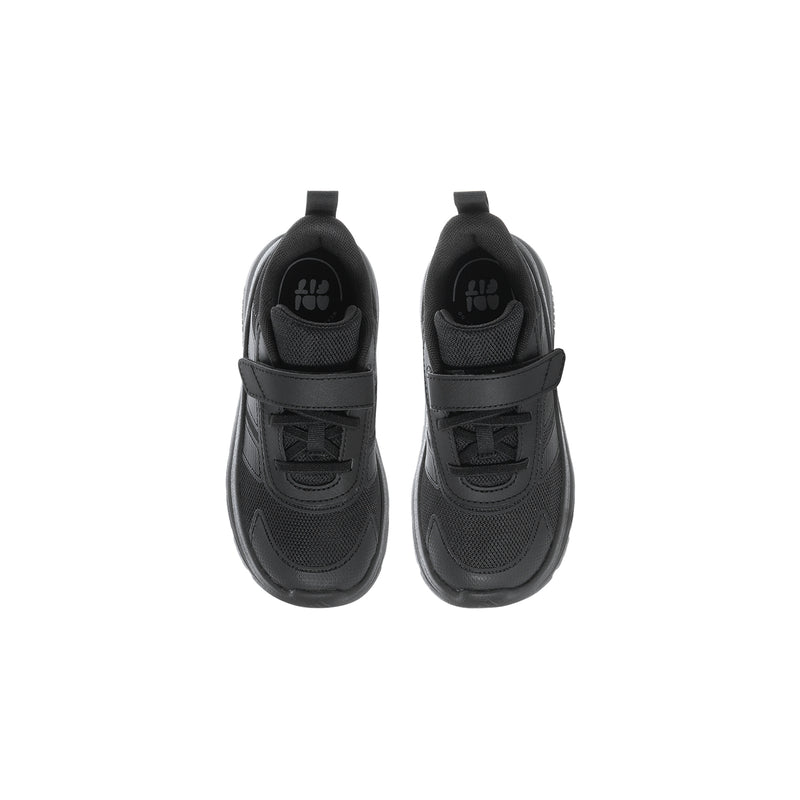 Toddler black lace-up running shoes with padded tongue and logo on tongue