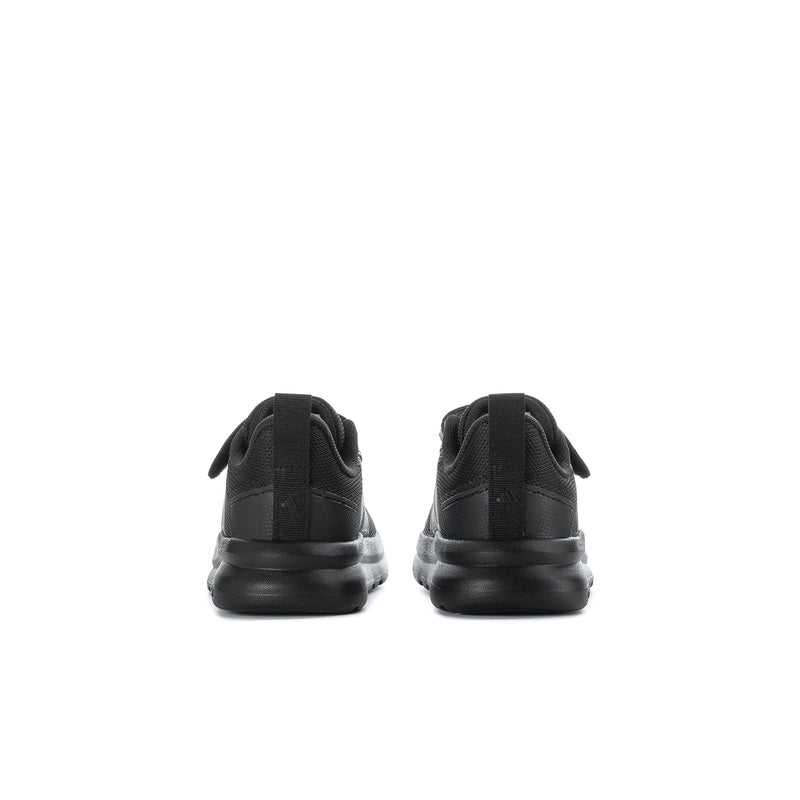 Toddler black running shoes, rear view, with padded heel collar