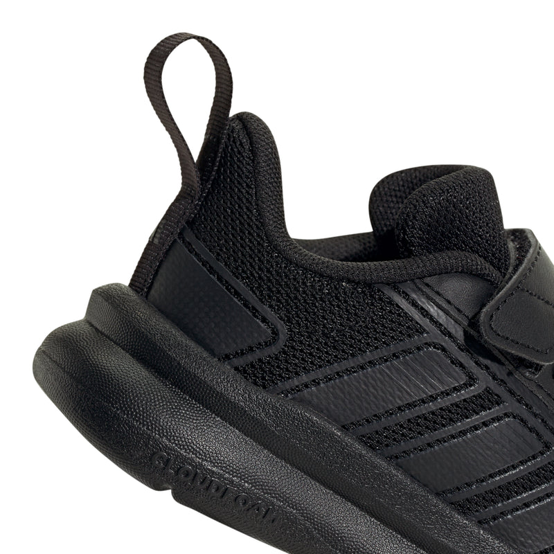 Toddler black running shoe close-up of side panel, lace area, and cushioned midsole