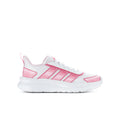 Youth running shoes, pink and white, mesh upper with lace-up closure and cushioned sole