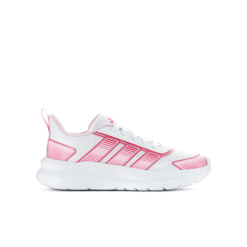 Youth running shoes, pink and white, mesh upper with lace-up closure and cushioned sole