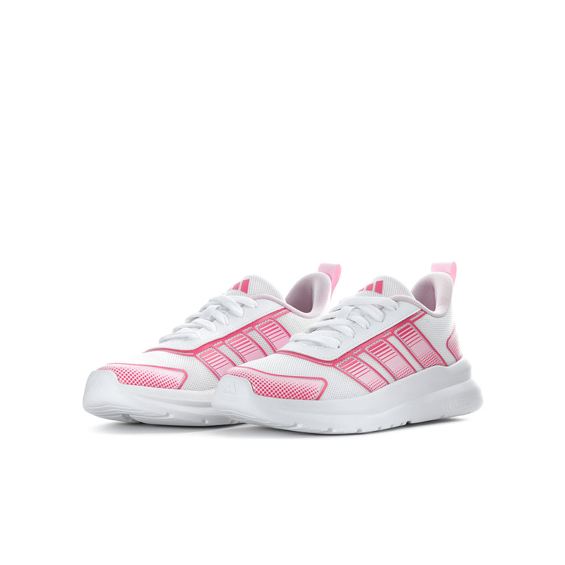 Youth running shoes, pink and white, two-tone design with lace-up fronts and thick soles