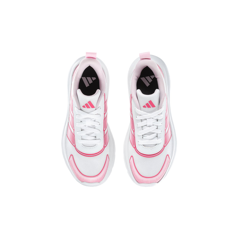 Youth running shoes with pink trim, white laces, and breathable mesh panels