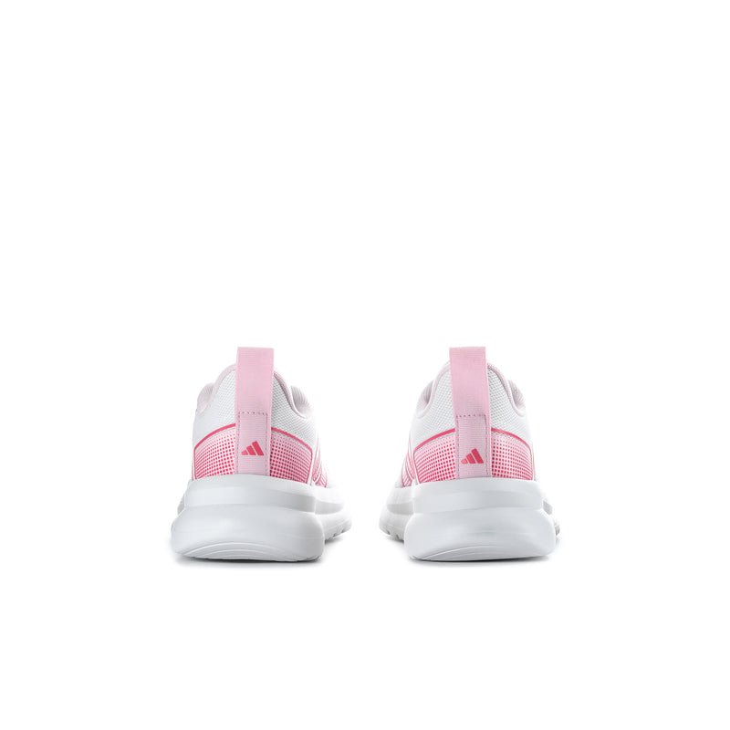Youth running shoes, pink and white, rear view with padded heel and lace-up front
