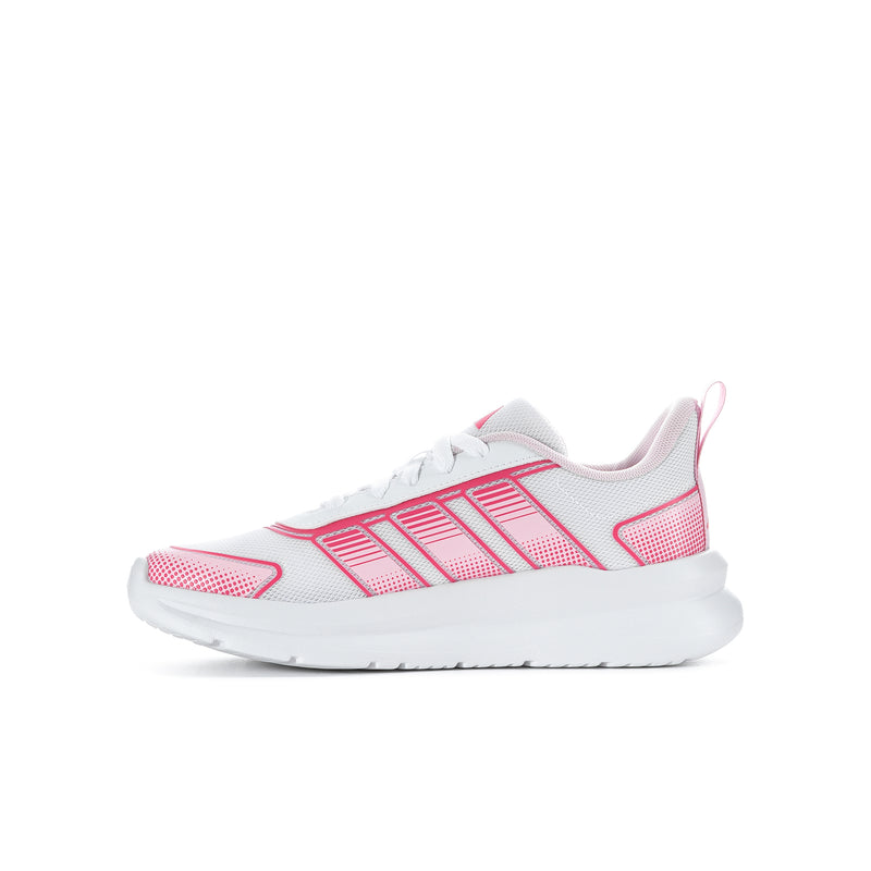 Youth running shoes, pink and white, side view with lace-up closure and textured sole