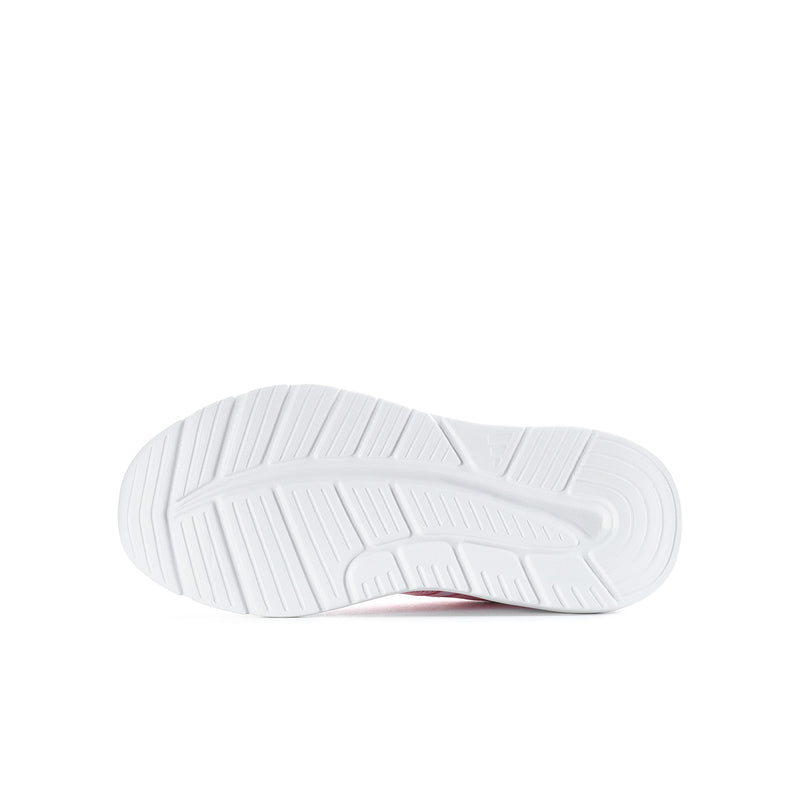 Youth running shoes outsole, white with tread pattern and pink accent at heel