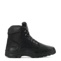 Men's black high-top lace-up work boots, side view with padded collar
