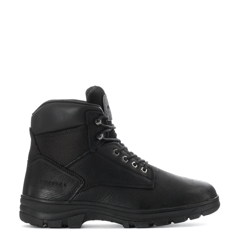Men's black high-top lace-up work boots, side view with padded collar