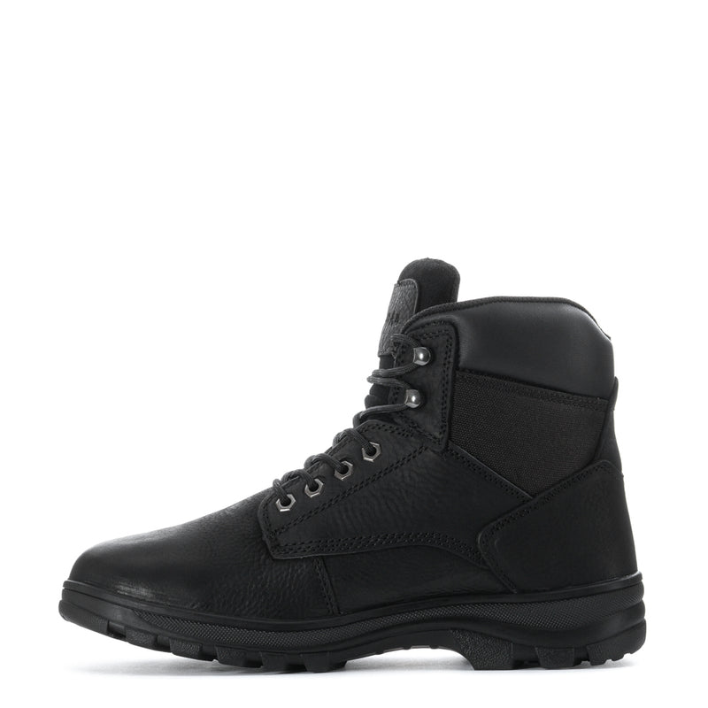 Men's black high-top lace-up work boots, angled side view