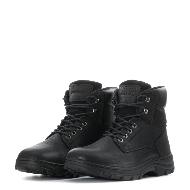 Men's black high-top lace-up work boots, front view of the pair