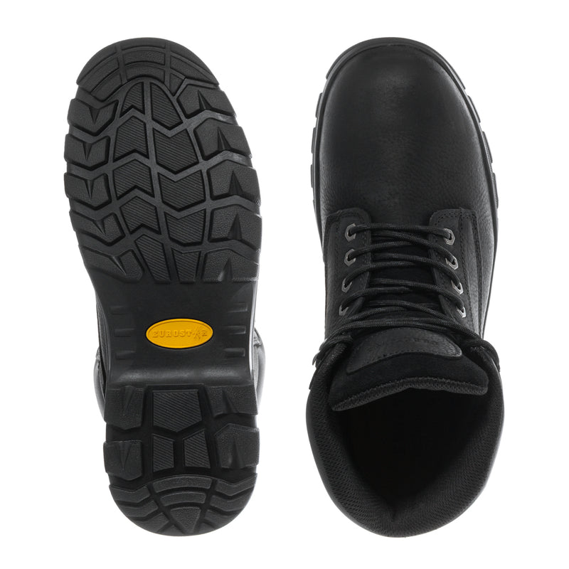 Men's black work boots, outsole and toe/heel view