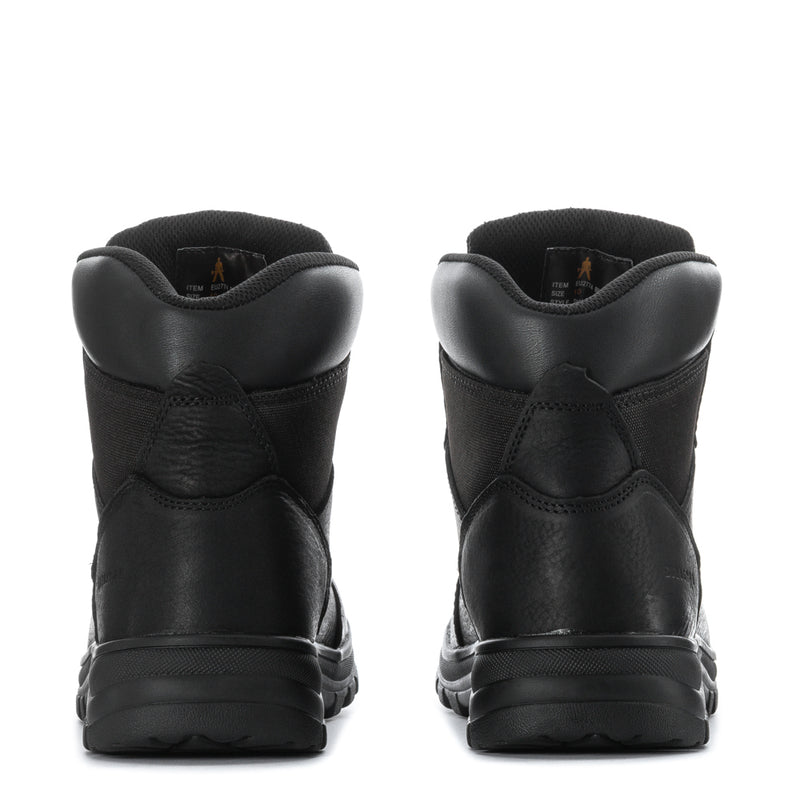 Men's black high-top lace-up work boots, back view of the pair