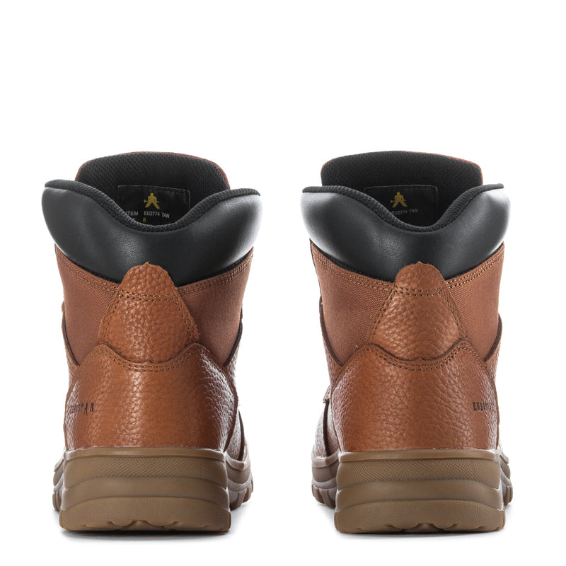 Men's tan leather lace-up boots, heel/back view with black collar and cushioned lining