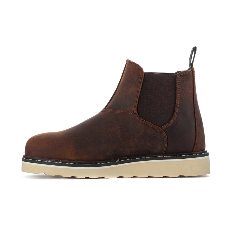 Women’s wide Chelsea boots with elastic gore, dark brown suede, and rubber sole