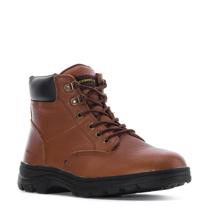 Men's brown leather lace-up high-top boots with metal eyelets and black heel panel