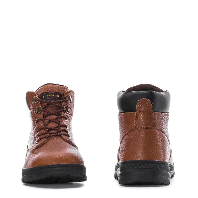 Pair of men's brown leather lace-up high-top boots, front and back views, with black soles