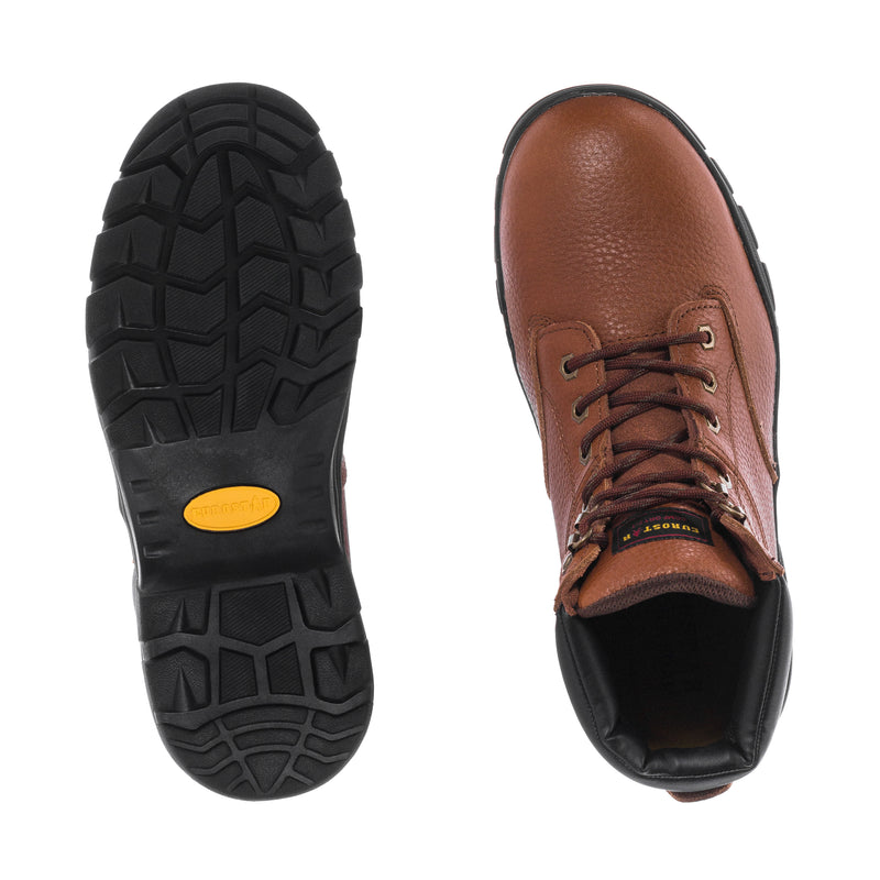 Men's boot outsole tread and inside view, brown leather upper with black lining
