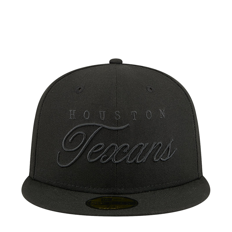 Black baseball cap with embroidered Houston Texans script logo on front