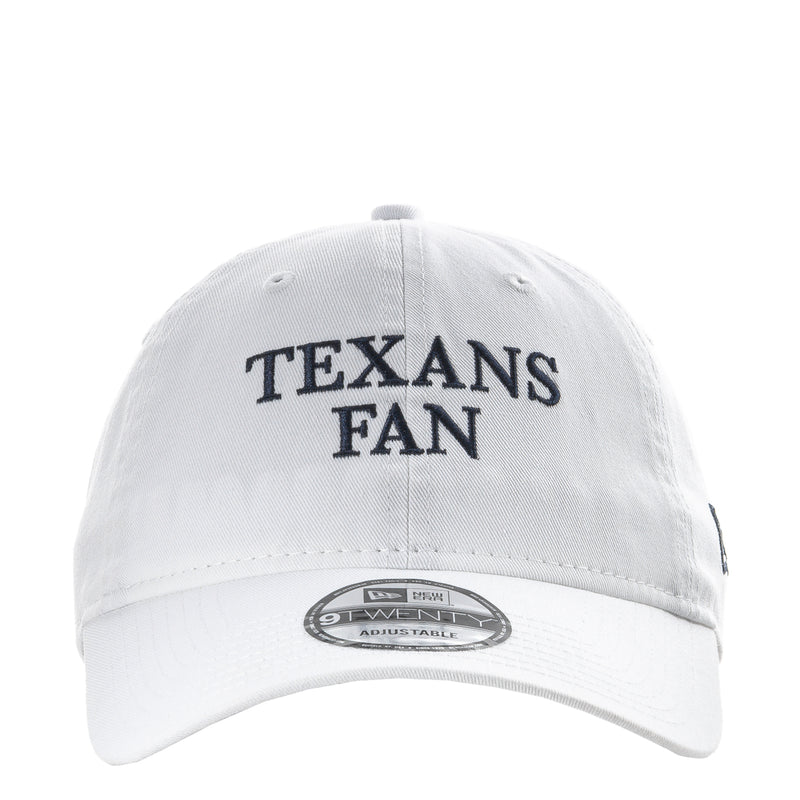White baseball cap with navy “TEXANS FAN” front embroidery and stitched panel seams