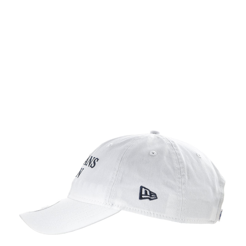White baseball cap with small New Era logo patch on the front