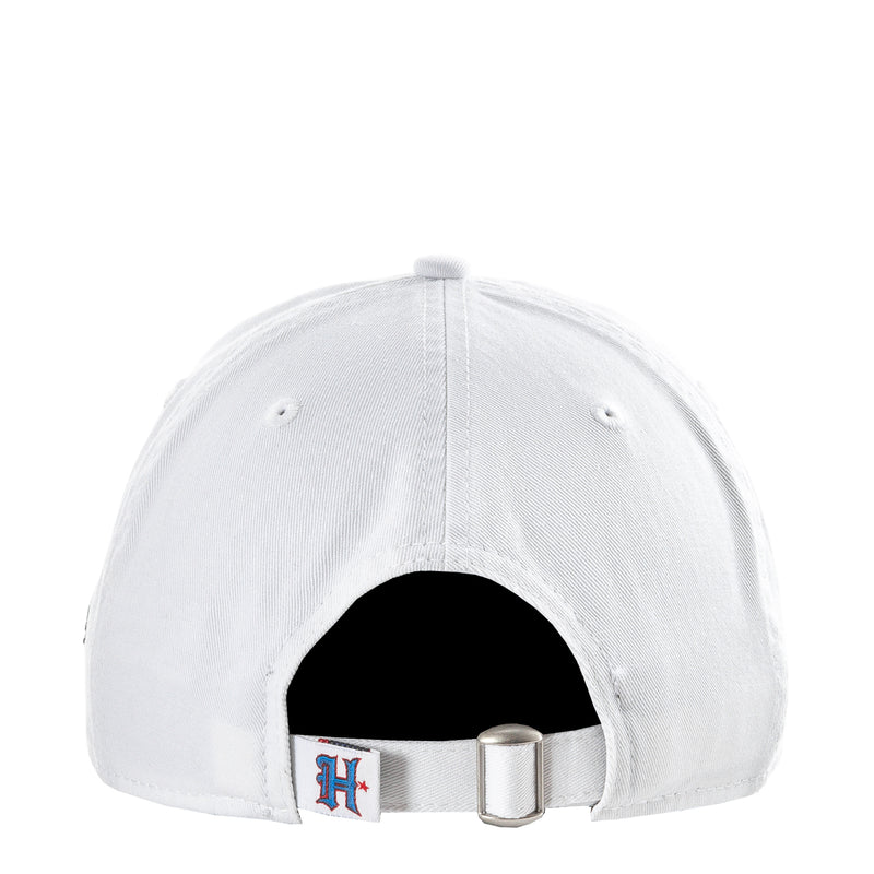 White baseball cap showing adjustable back strap with metal buckle