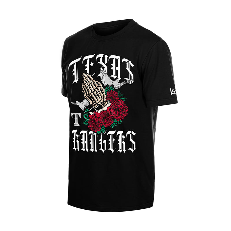 Men's black gothic graphic T-shirt with skull and roses front print
