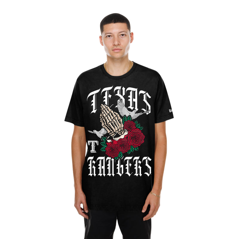 Men's black graphic T-shirt, crew neck, skull and roses front design